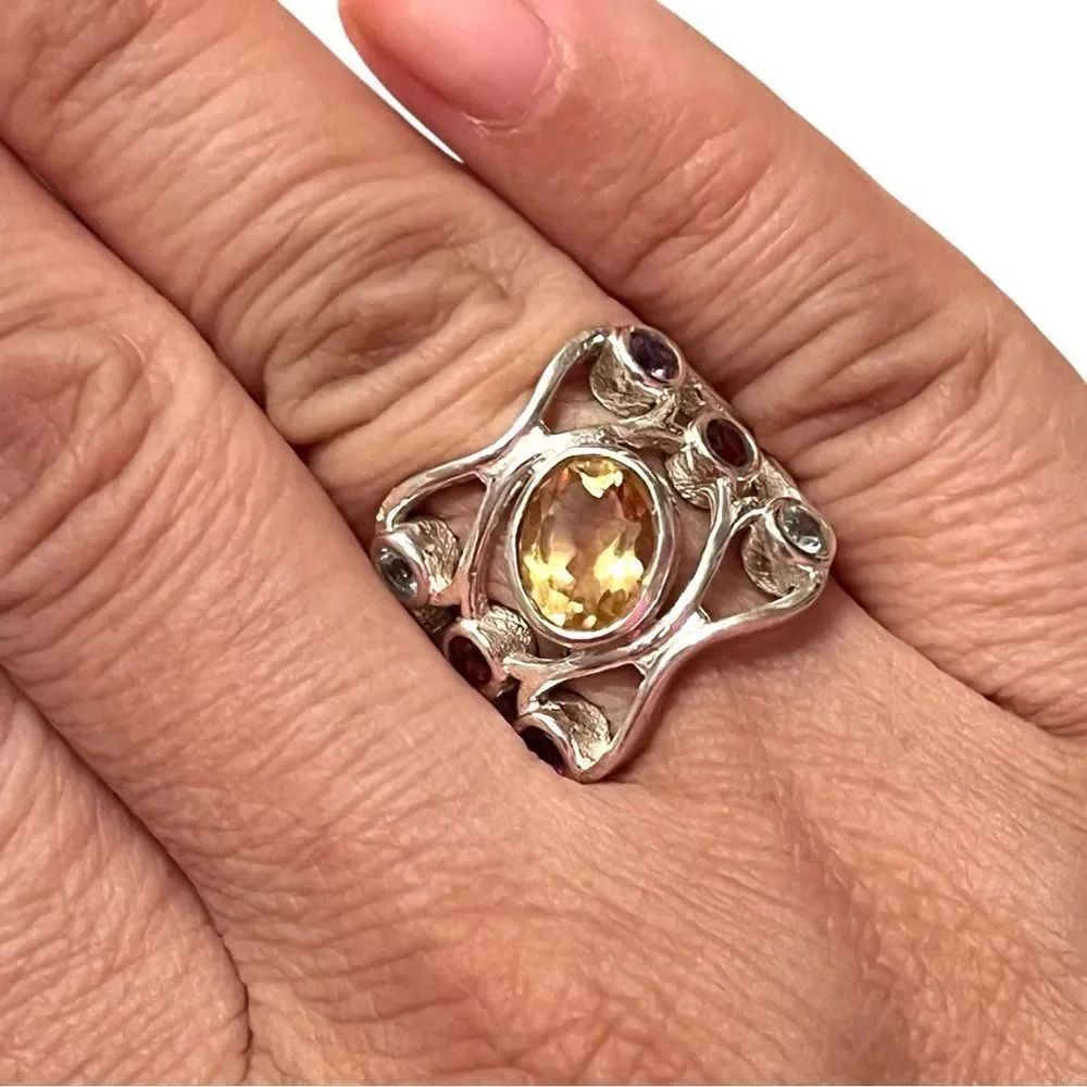 Stunning Sterling Silver Ring With Citrine Blue Topaz Garnet Amethyst Size 7